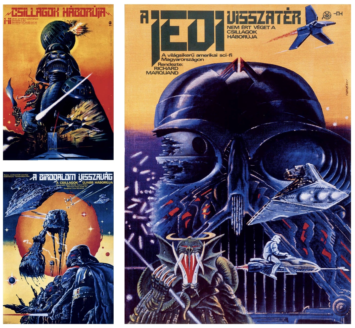 Helényi Tibor plakátjai a Csillagok háborújához: Egy új remény (1979), A birodalom visszavág (1981), A jedi visszatér (1984), forrás: tiborhelenyi.com
